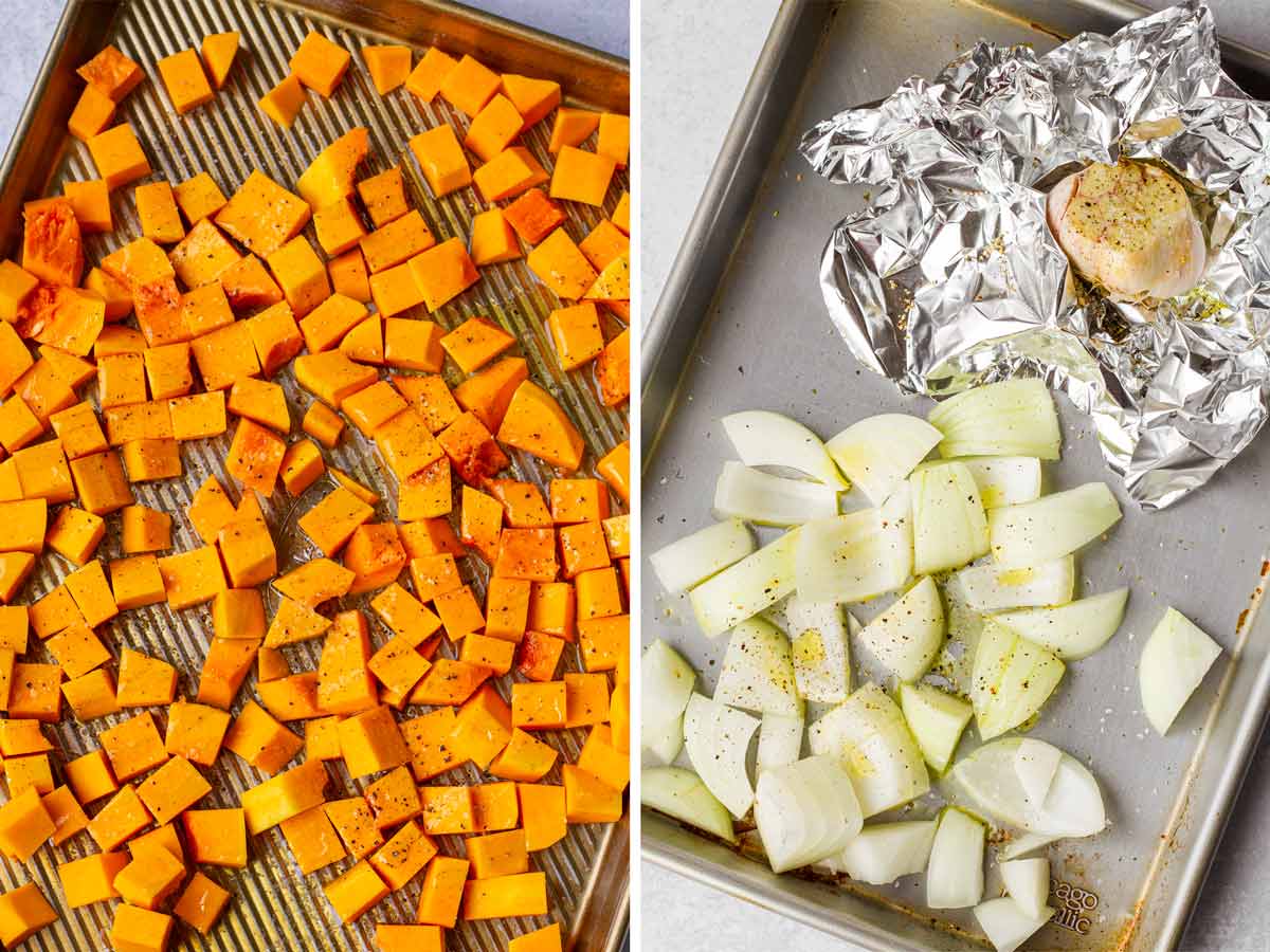 roasting butternut squash, onions, and garlic on sheet pans