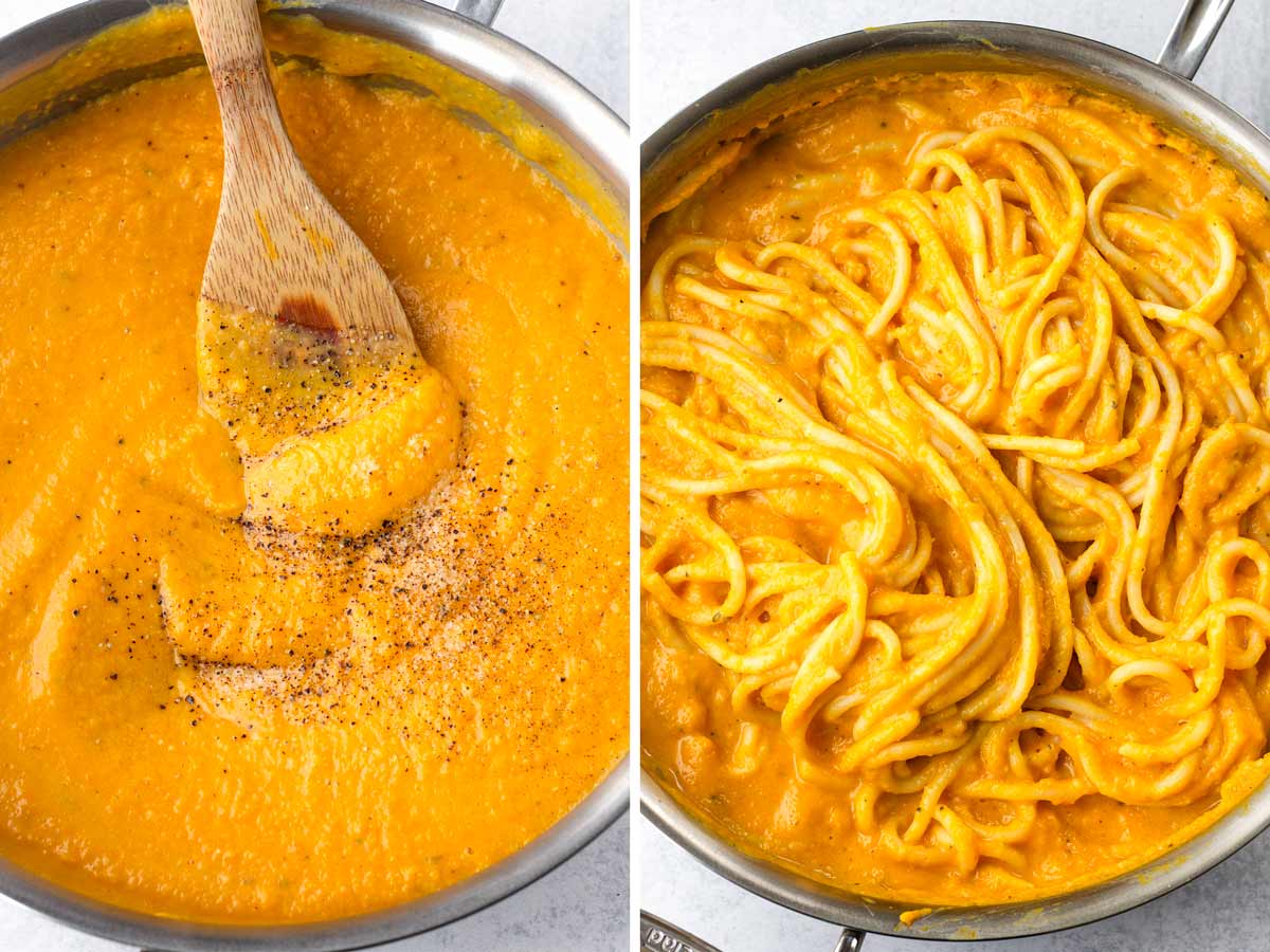 tossing sauce with pasta in skillet