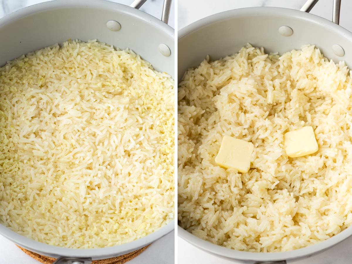 finishing rice with dollops of butter