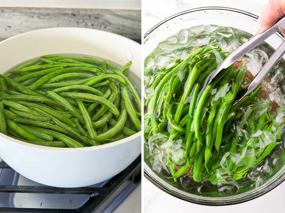 cooking green beans and passing through ice bath