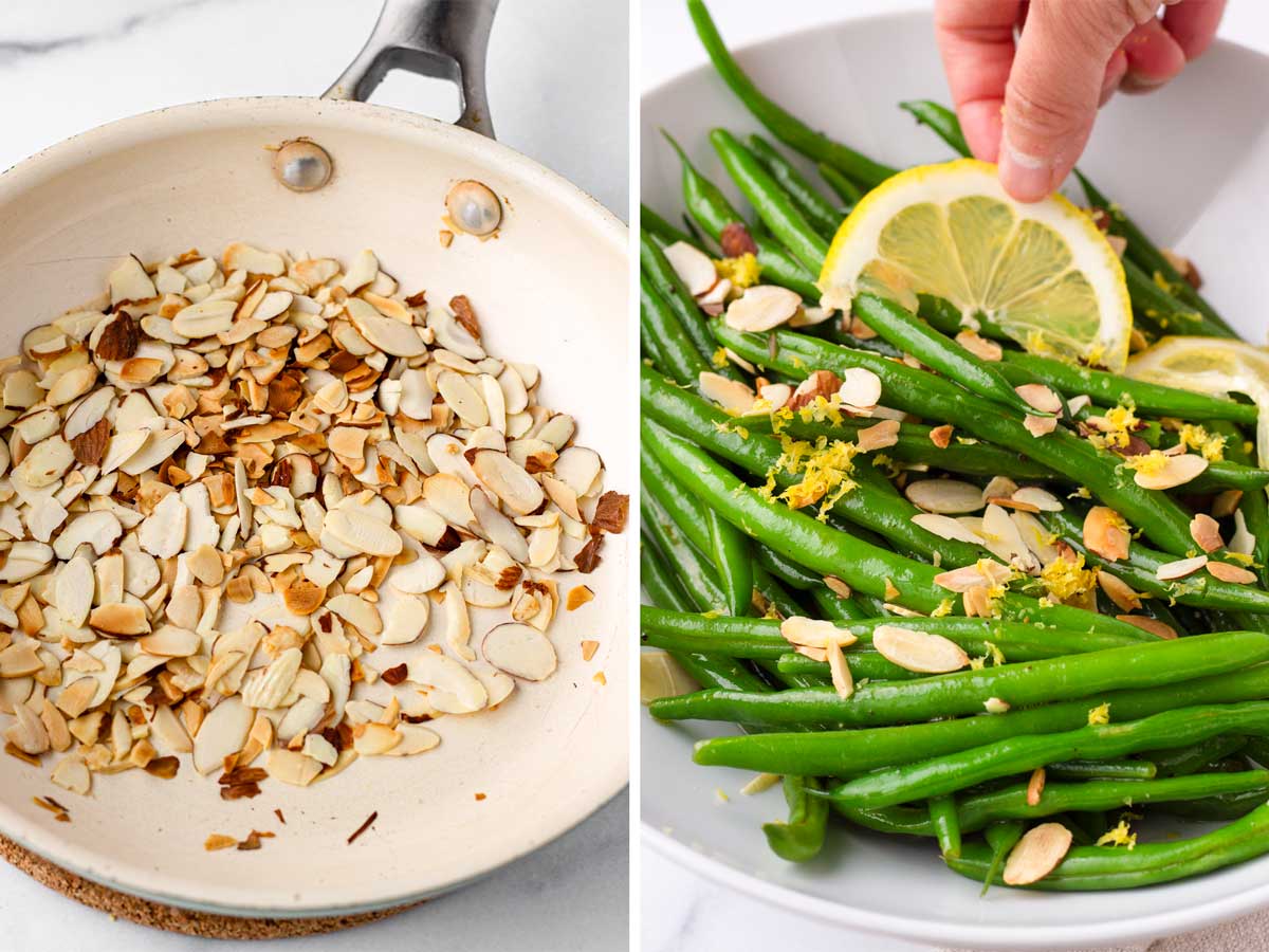 garnishing beans with almonds and lemon zest