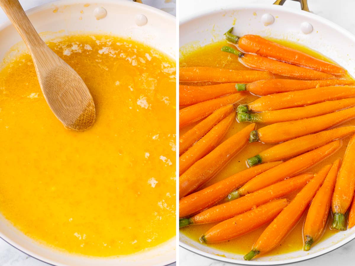 making orange glaze and simmering carrots