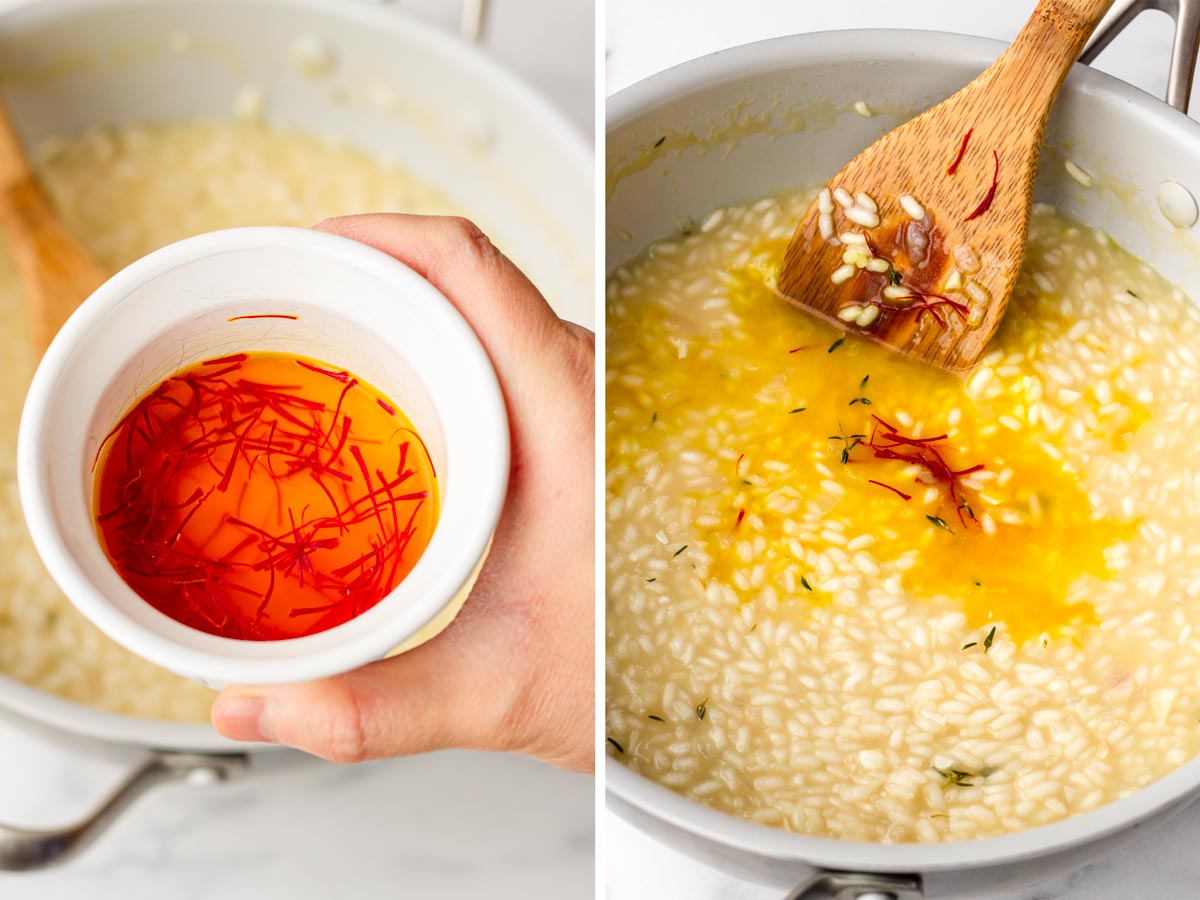 adding infused saffron threads to the rice