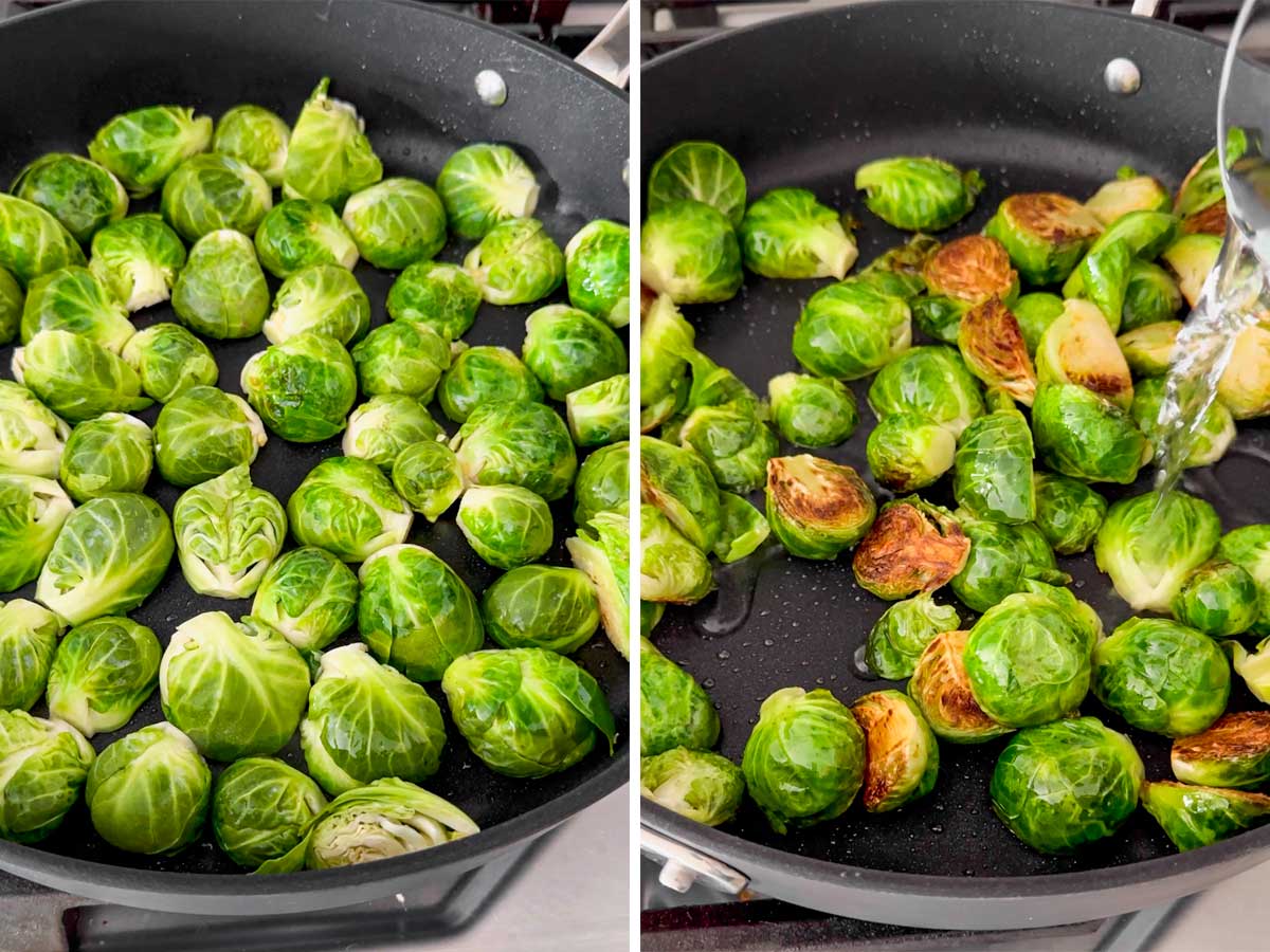 cooking brussels sprouts on skillet