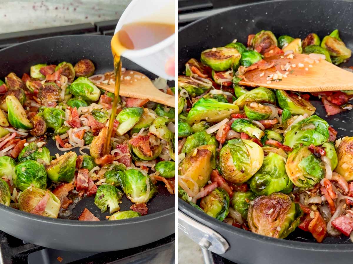 adding maple syrup to pan