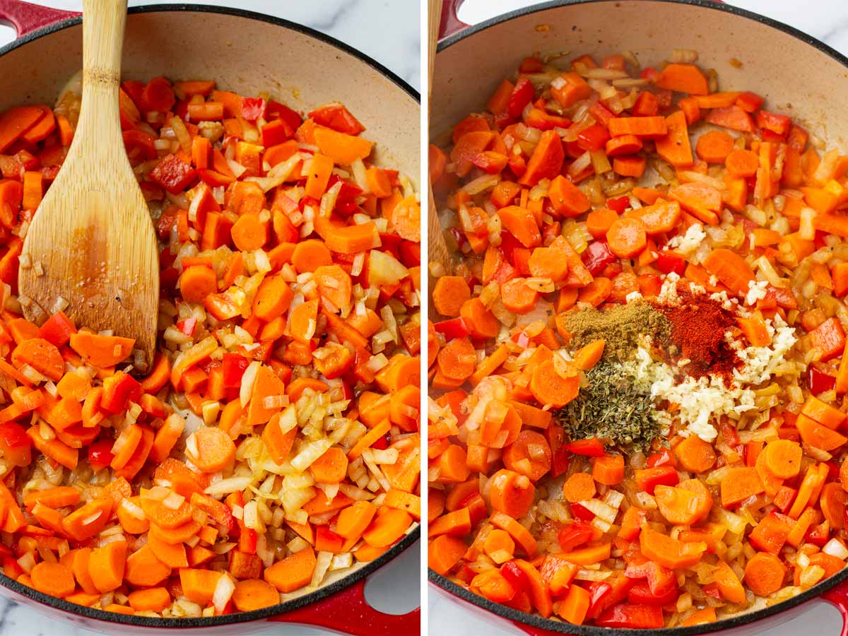 adding vegetables and spices