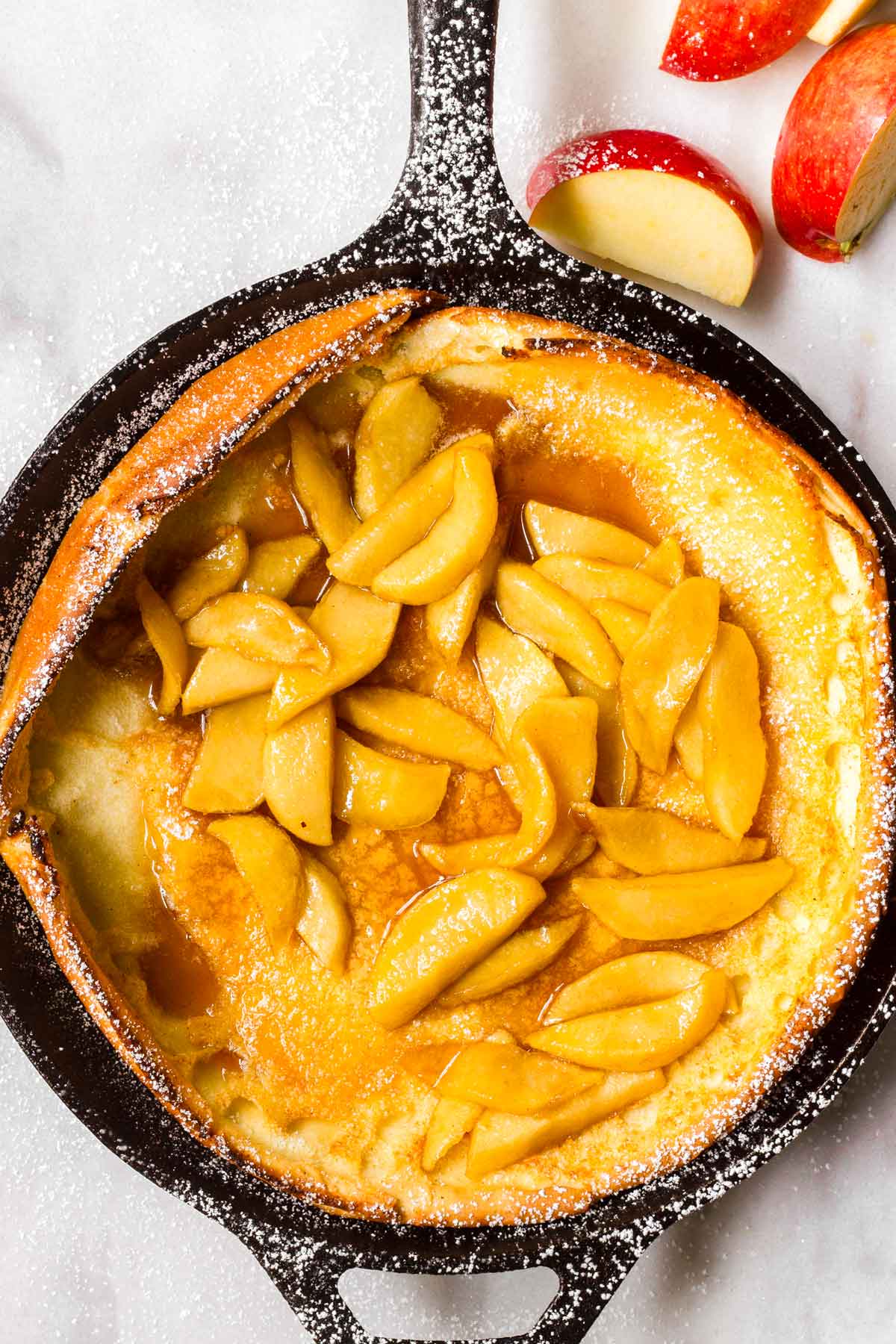 apple dutch baby pancake in skillet