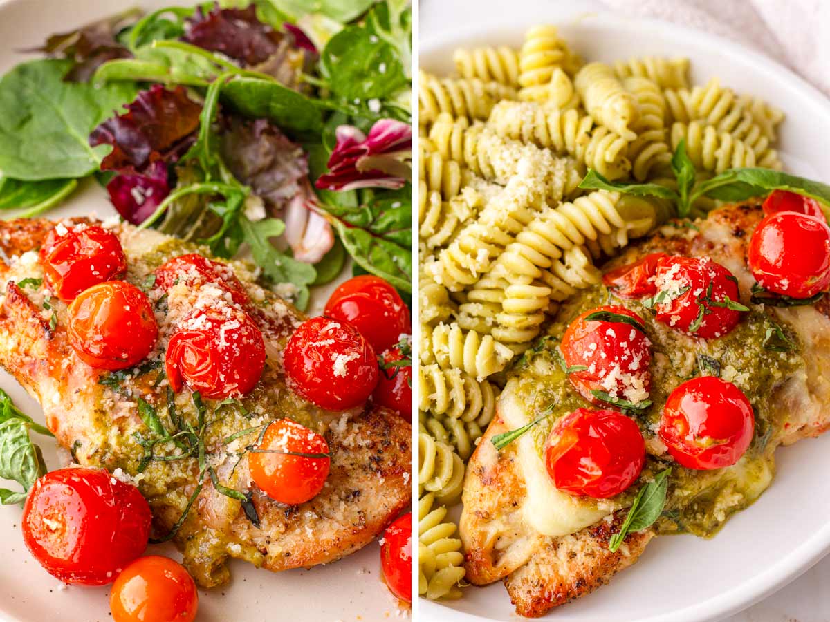 chicken served with salad and pasta