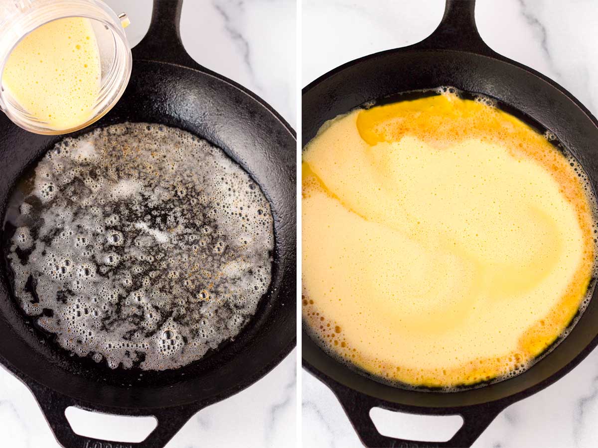 adding batter into cast iron skillet