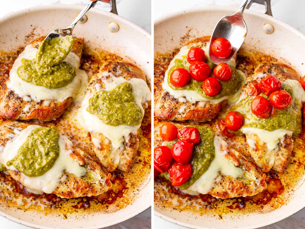 topping chicken with pesto and tomatoes