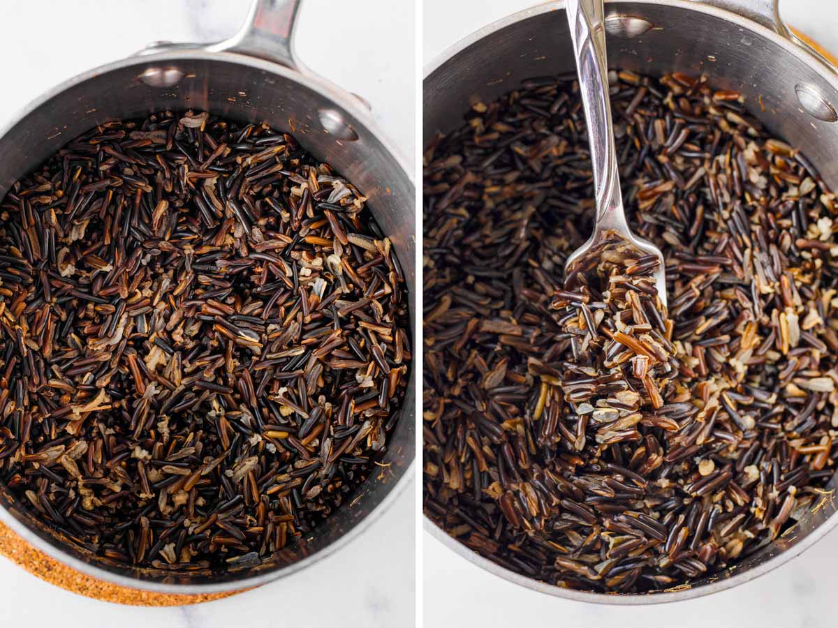 cooking wild rice in a pan