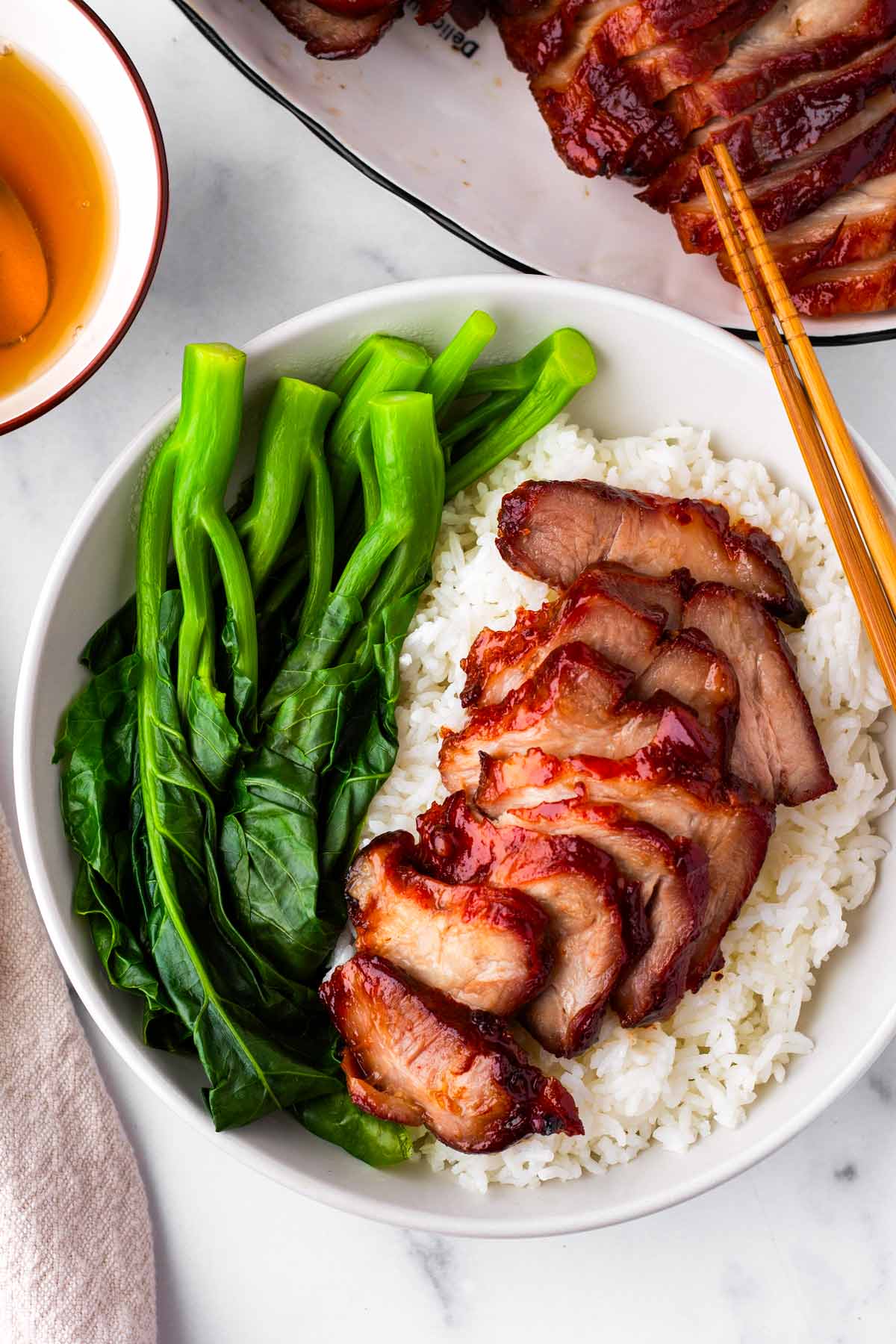 char siu rice bowl with vegetables