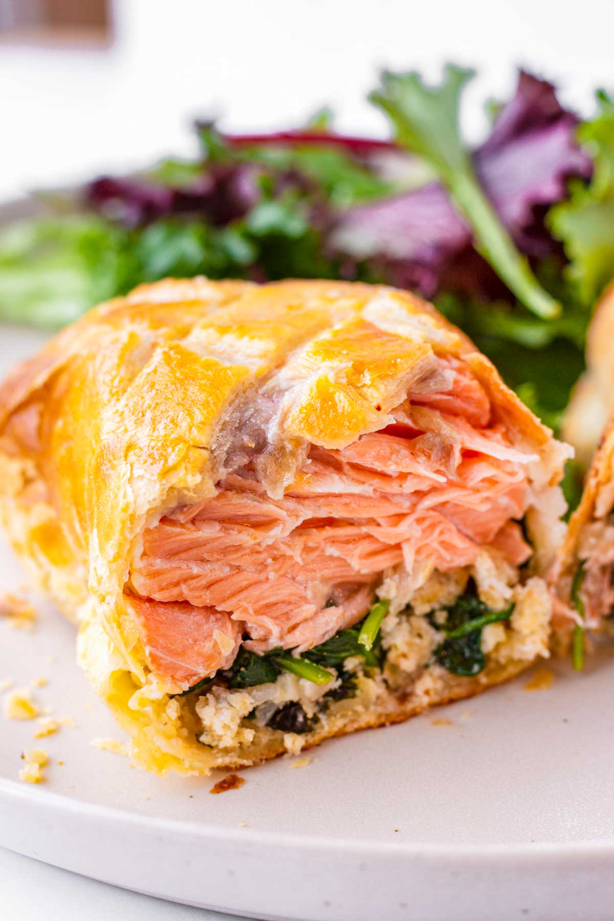 sliced open salmon en croute