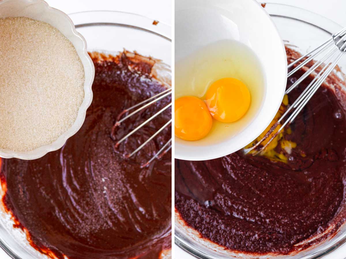 adding sugar and eggs to the chocolate