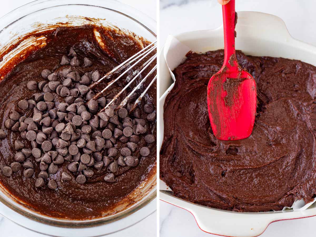 adding chocolate chips and batter to the pan