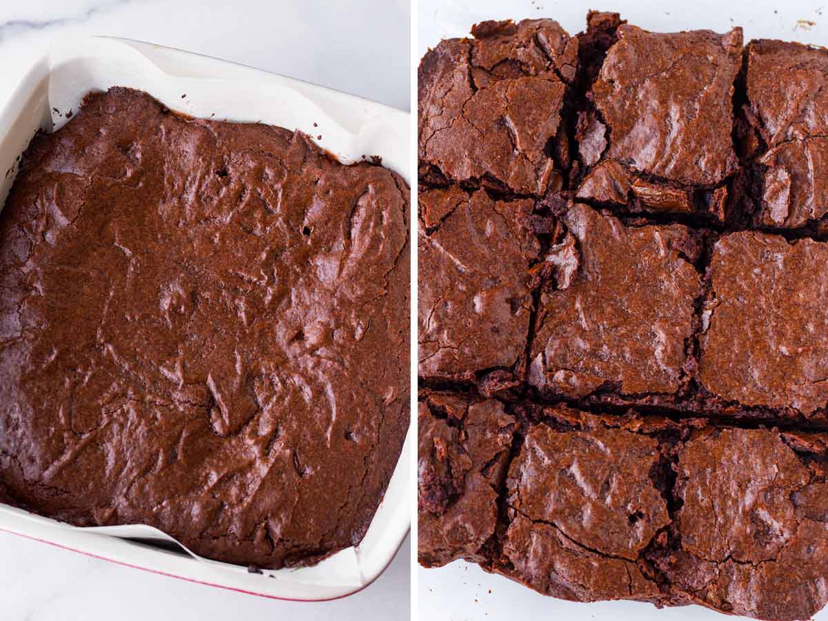 baked and sliced brownies in pan