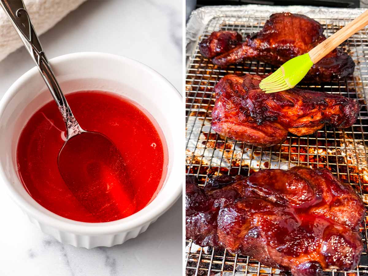 brushing pork with the iconic red glaze