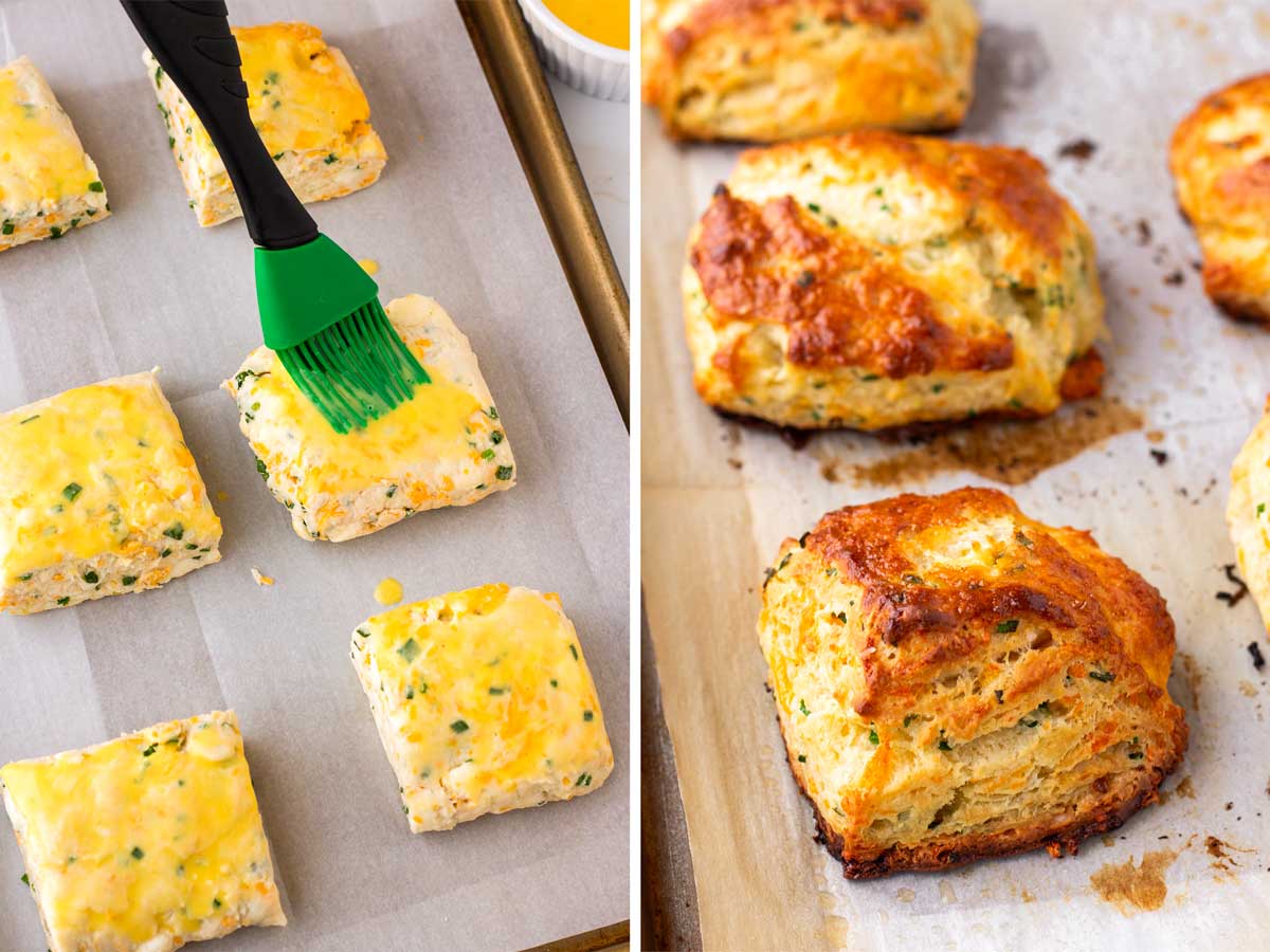 brushing tops with egg wash to bake golden brown biscuits