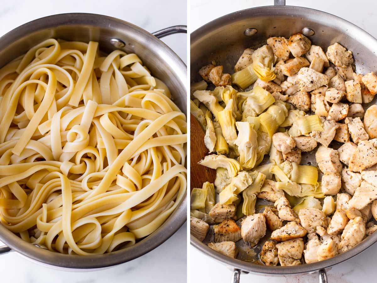 cooking pasta and the chicken in skillet