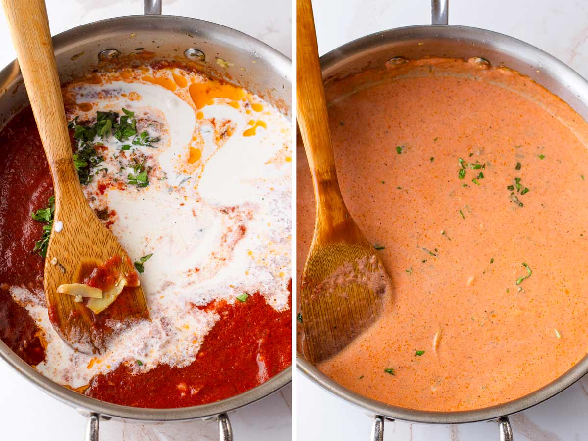 making the creamy tomato sauce in the skillet