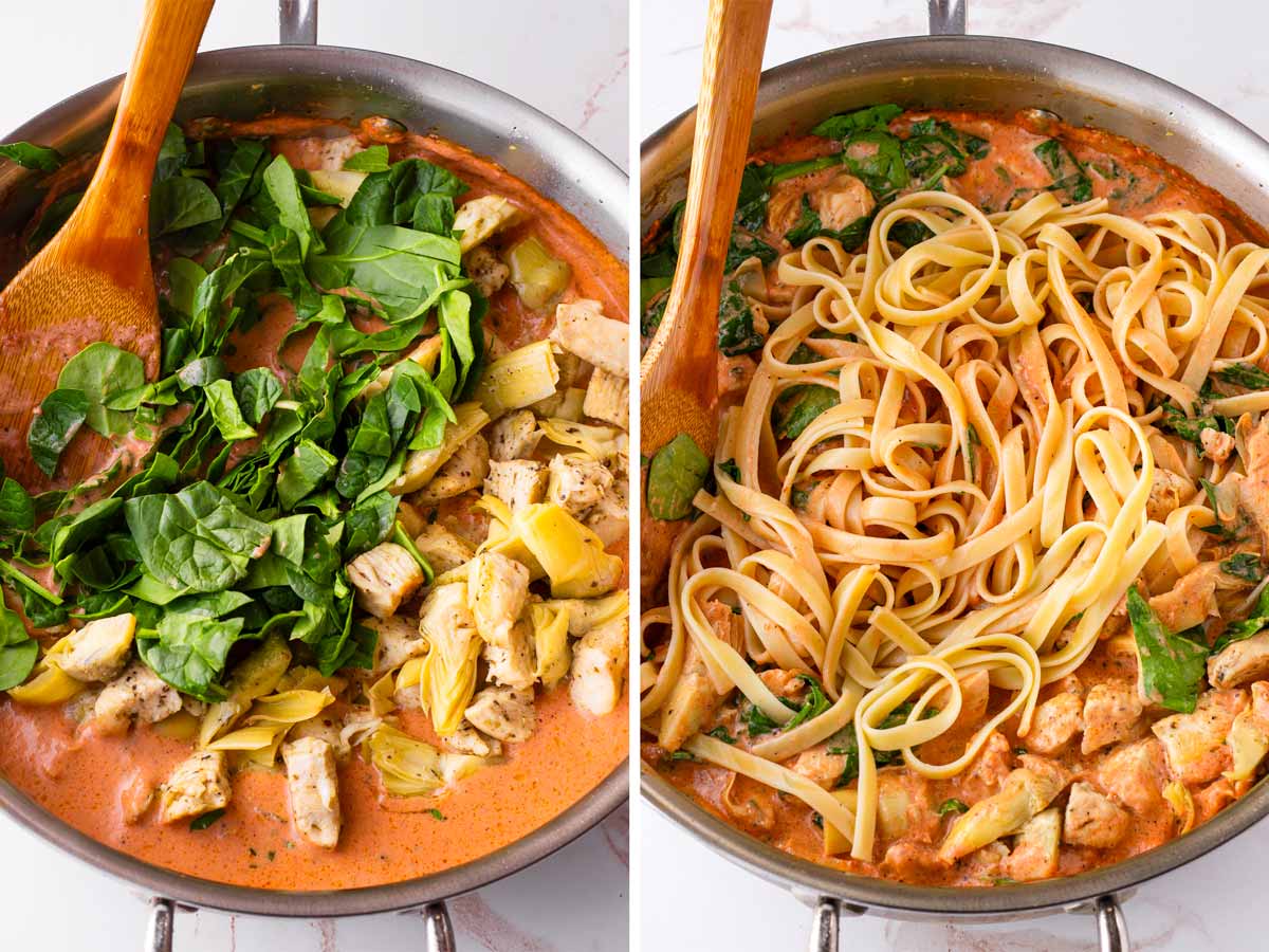 tossing pasta, spinach, and chicken in the skillet