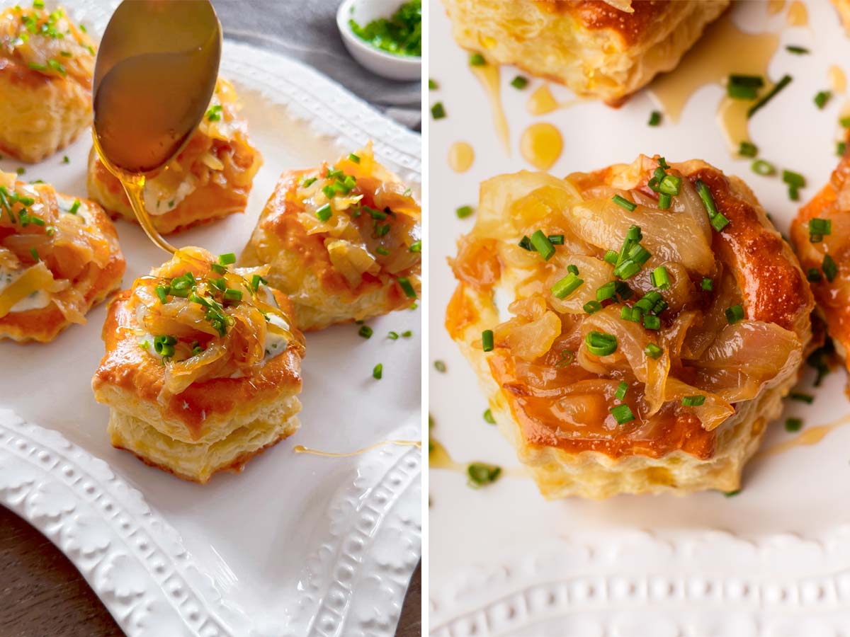 onion puff pastry bites finished with drizzle of honey