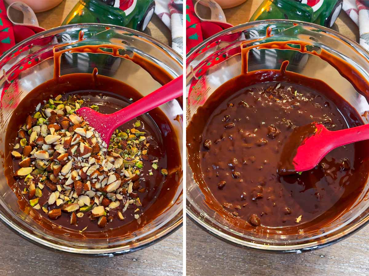 mixing pistachios and almonds into the melted chocolate