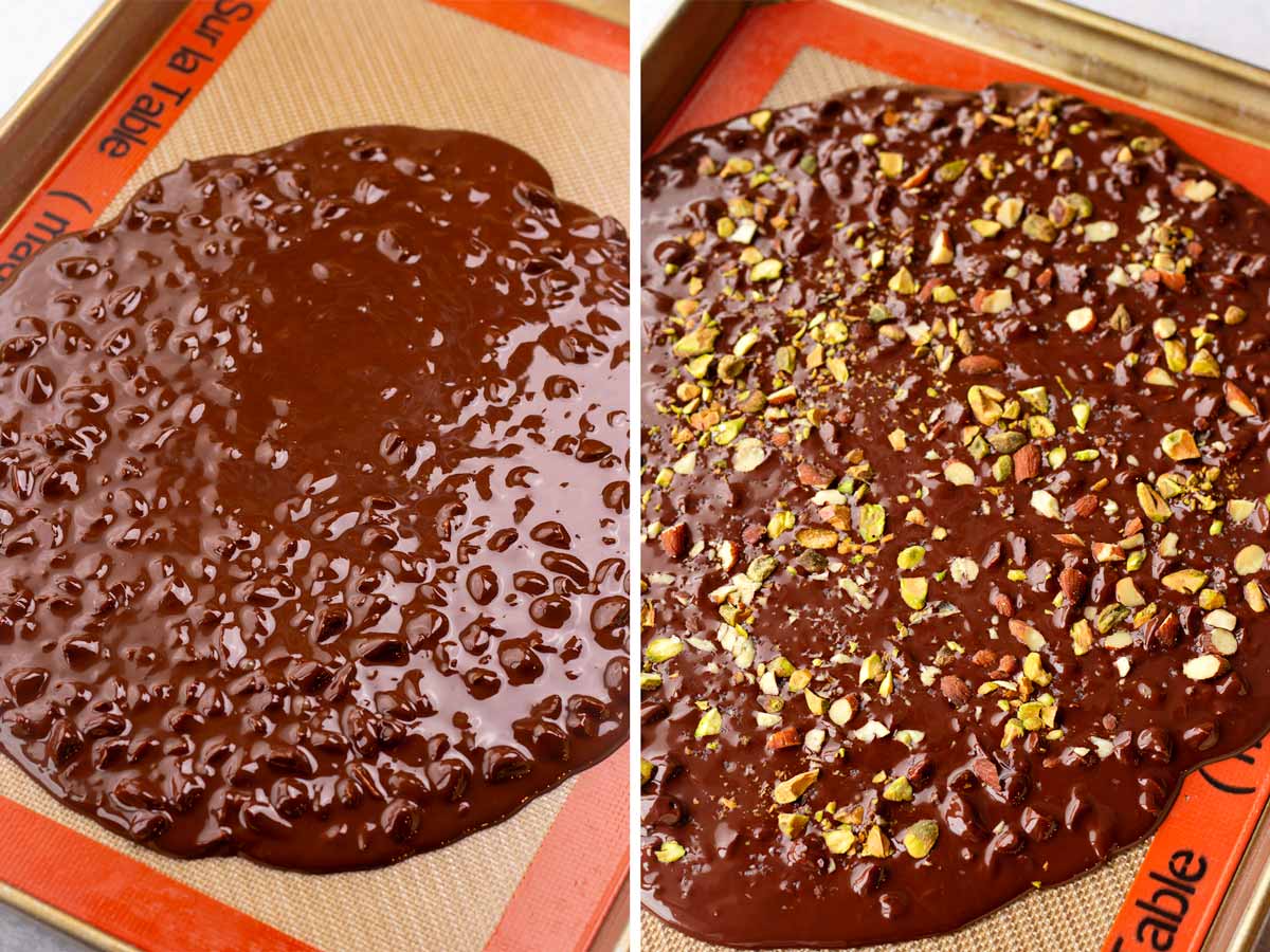 spreading chocolate and nut mixture on sheet pan