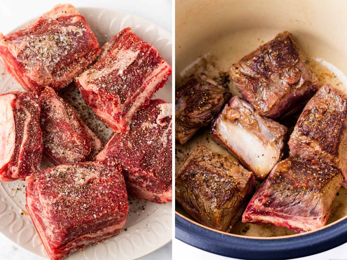 seasoning and searing short ribs in dutch oven