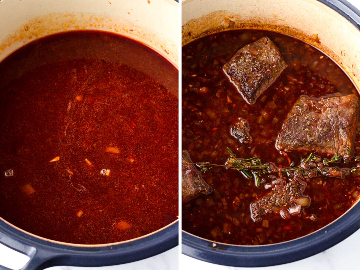 adding liquid and meat to the pot