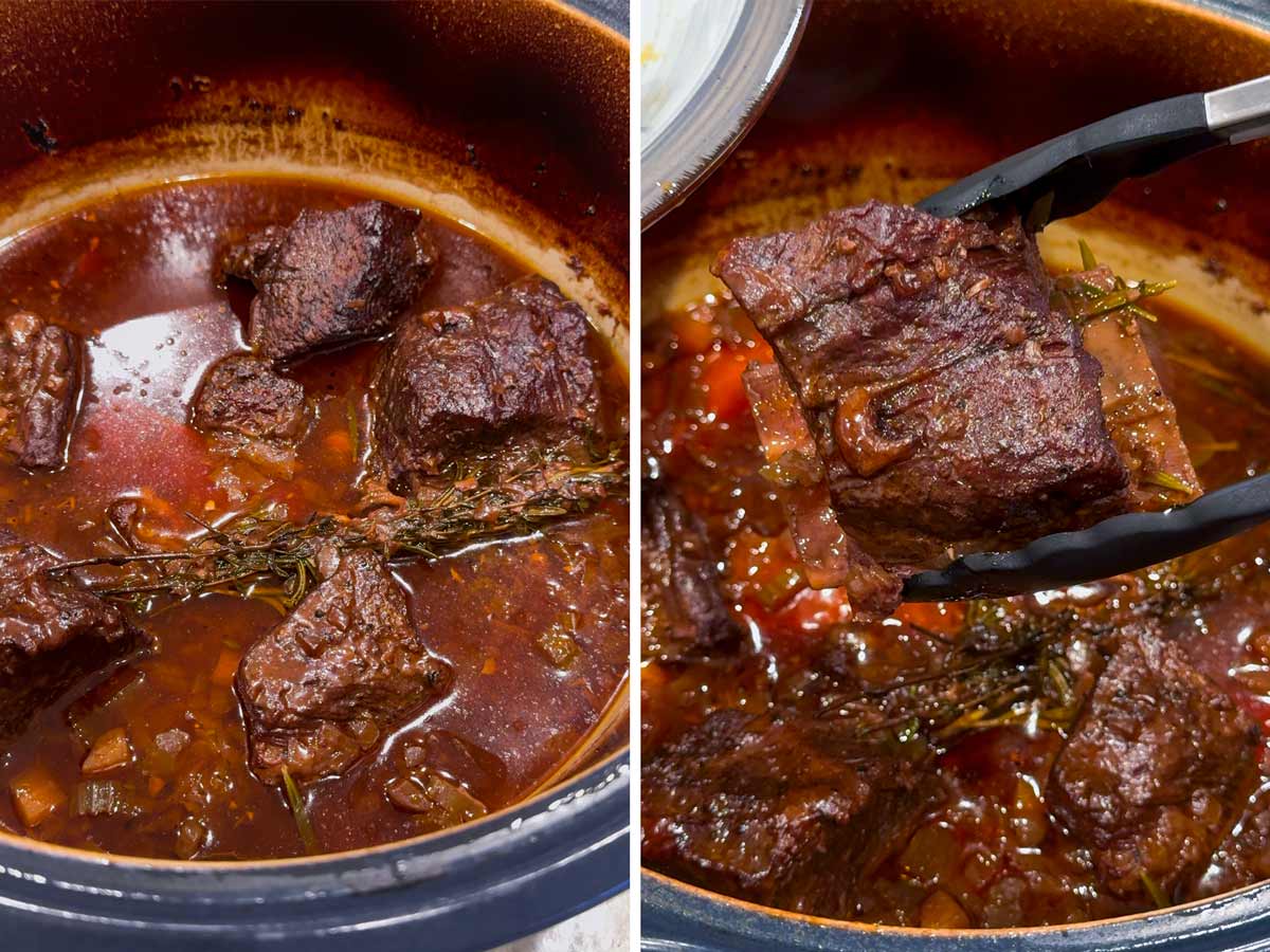 cooked and tender short ribs in red wine inside the pot