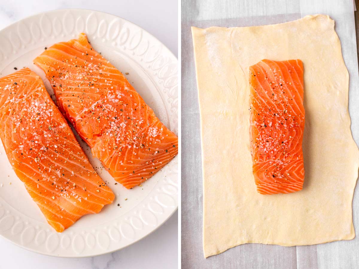 seasoned salmon on top of puff pastry