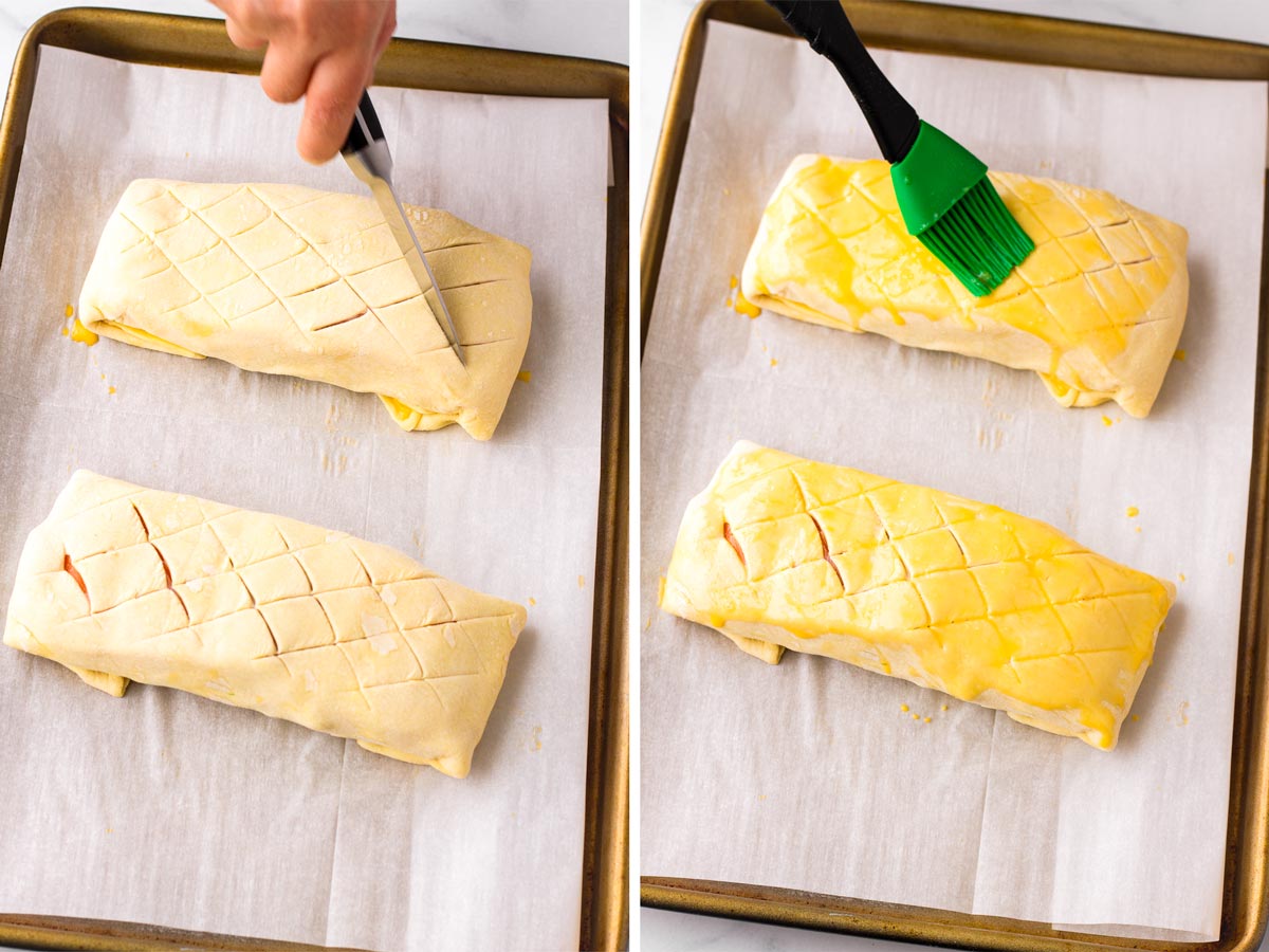 scoring and brush puff pastry with egg wash