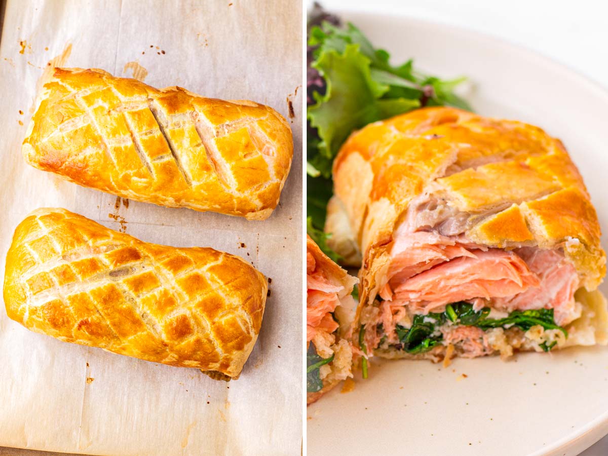 baked and sliced salmon wellington