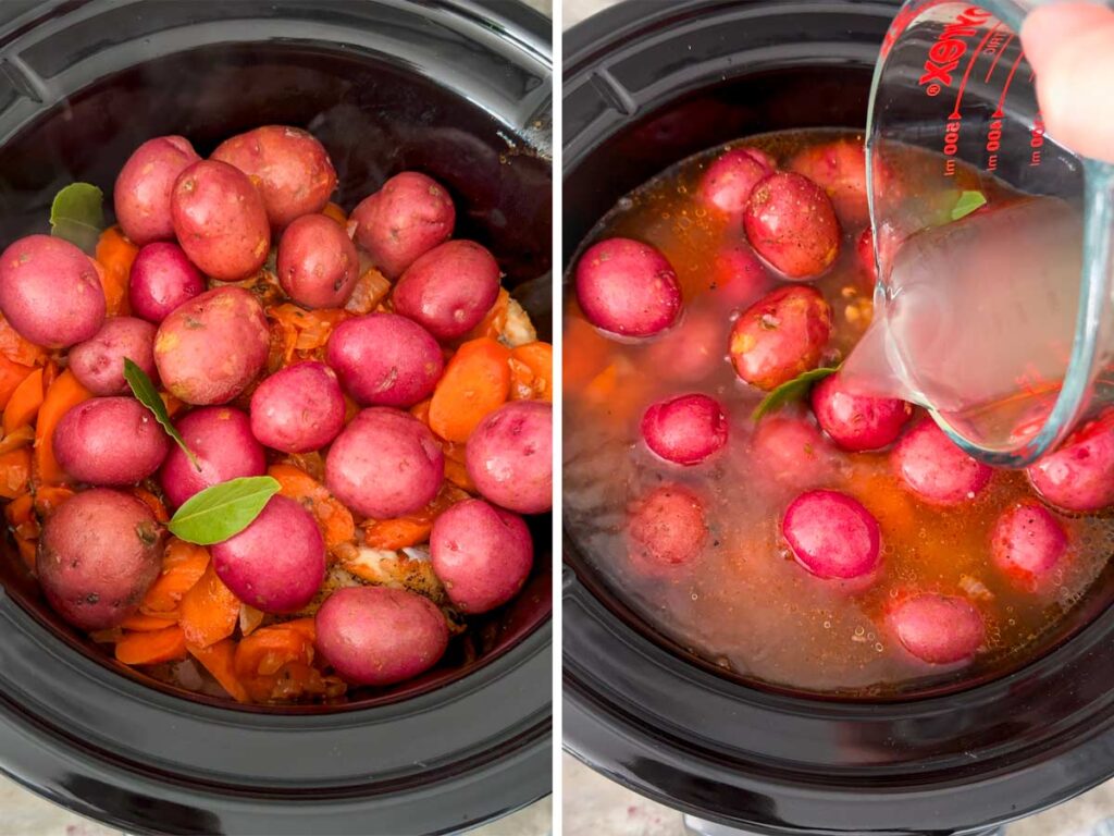 adding potatoes and broth