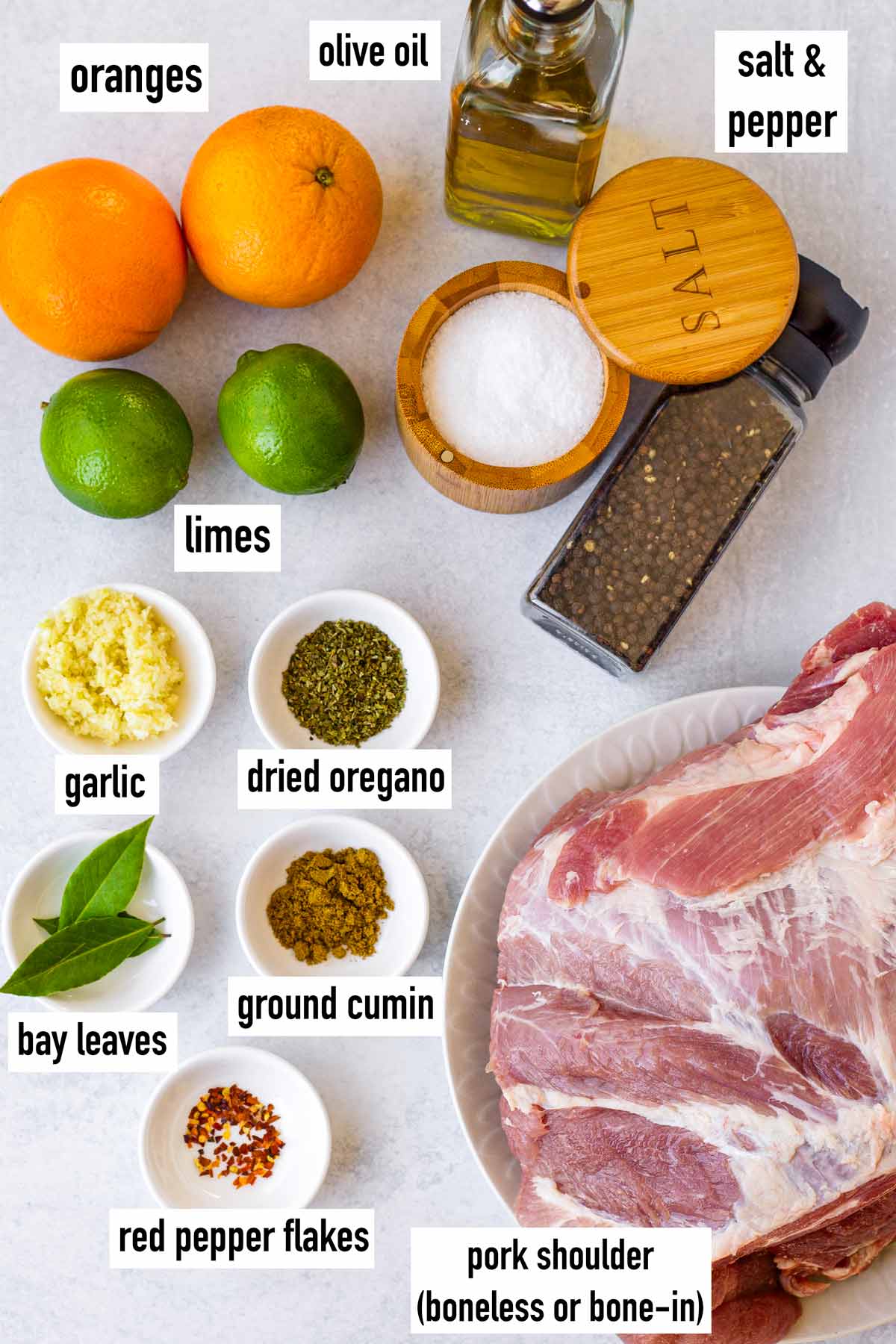 labeled ingredients for the pork and marinade