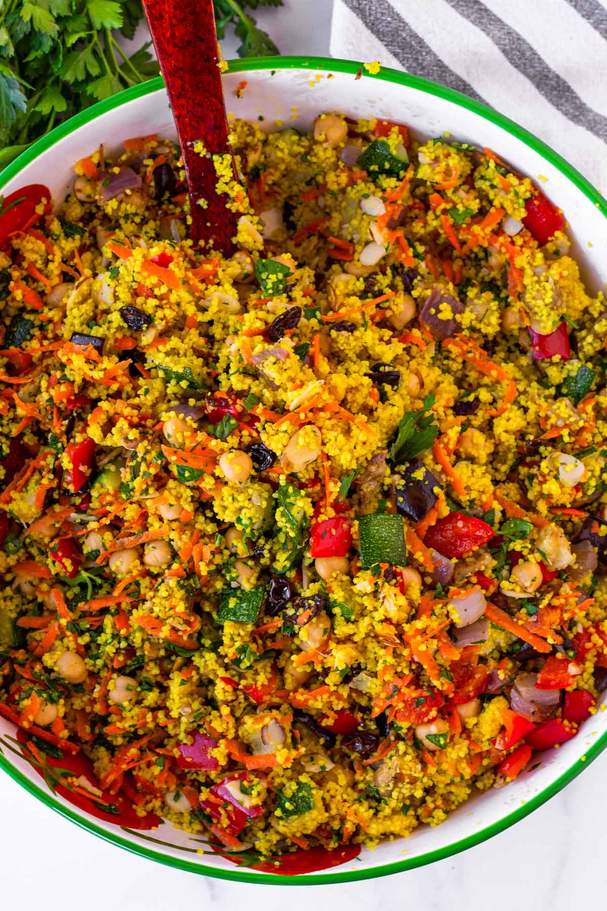 big bowl of moroccan couscous salad