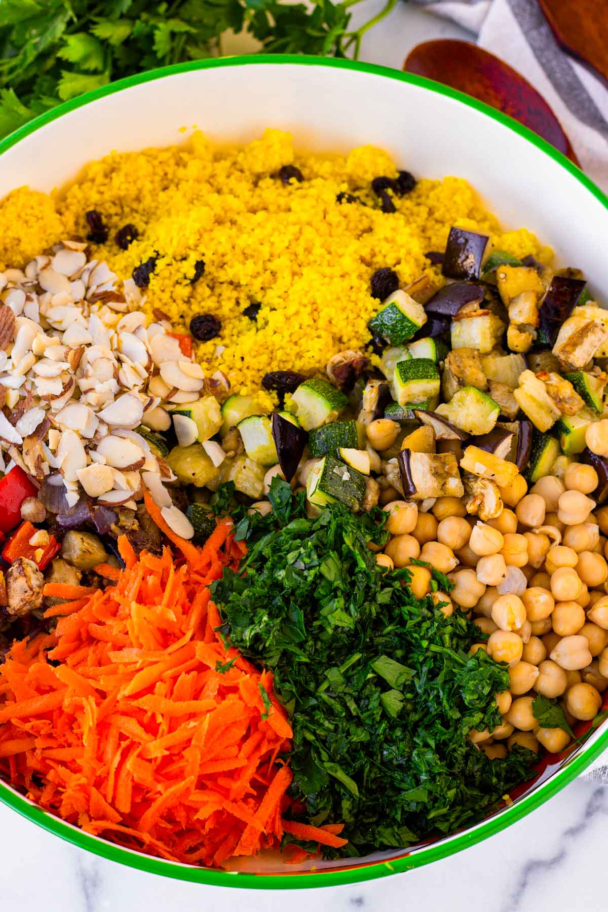 ingredients for the moroccan salad assembled in bowl