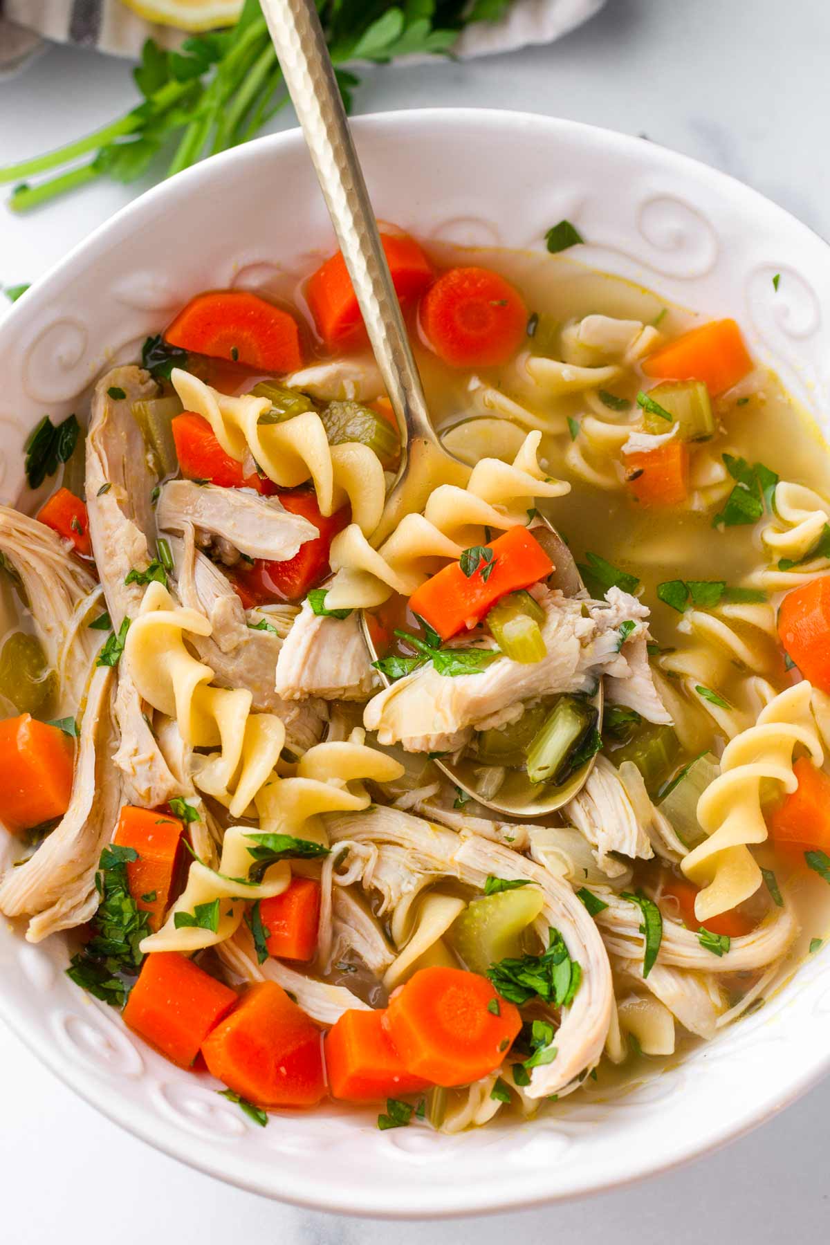 bowl of rotisserie chicken noodle soup