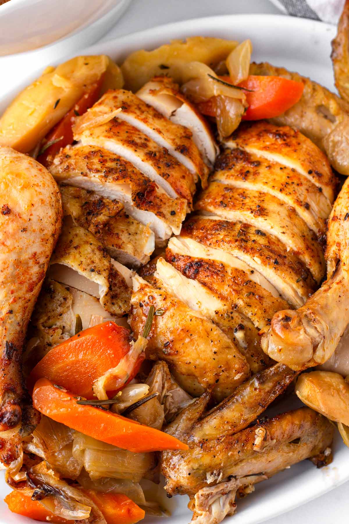 sliced slow cooked whole roast chicken