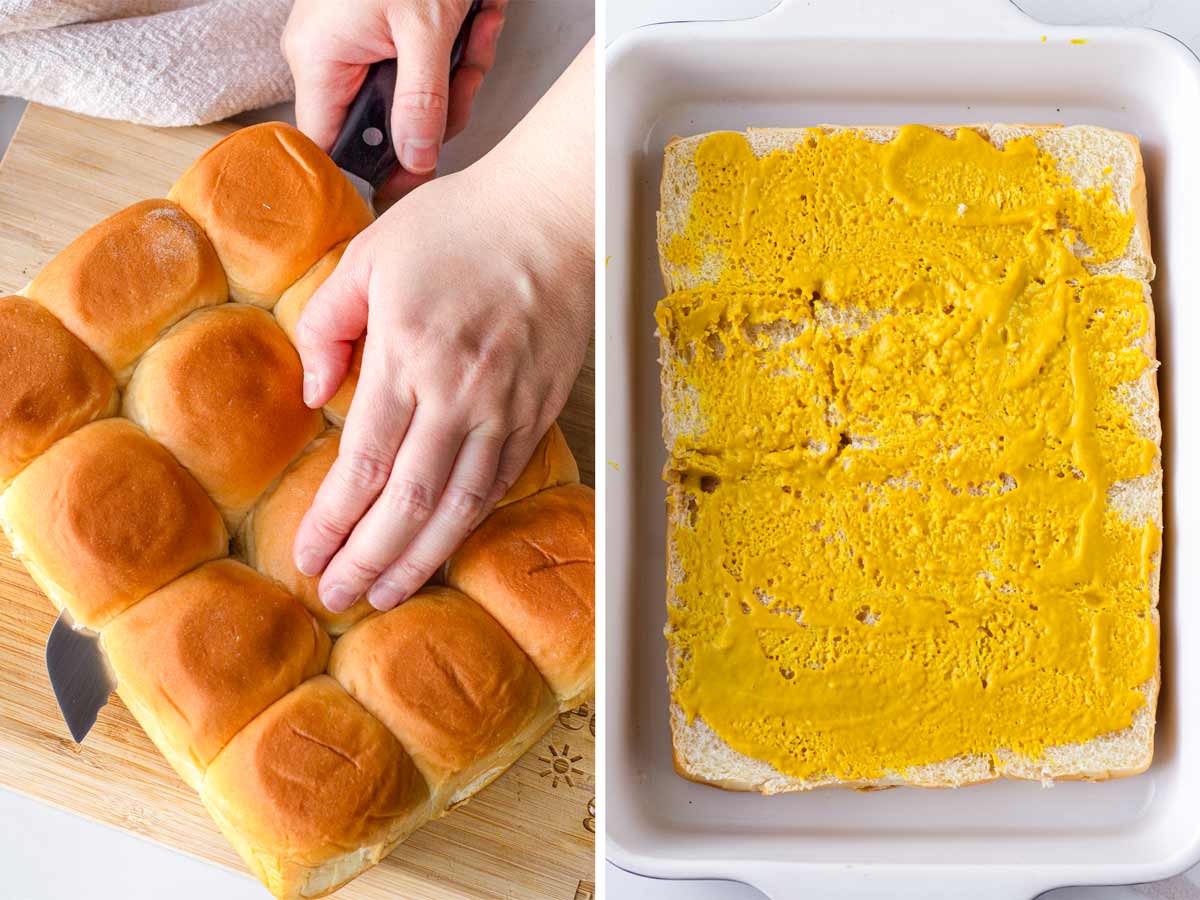 slicing bread and adding yellow mustard