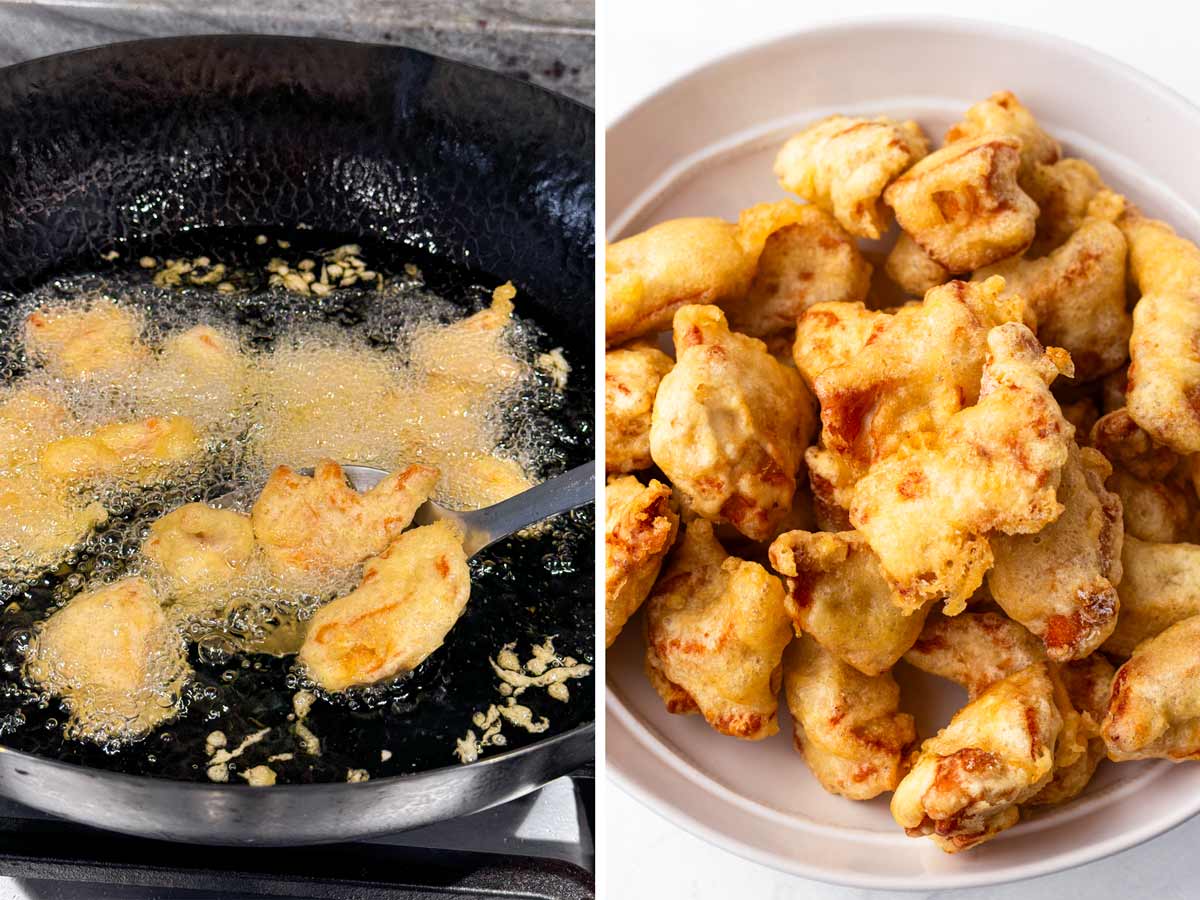 deep frying battered chicken in a wok