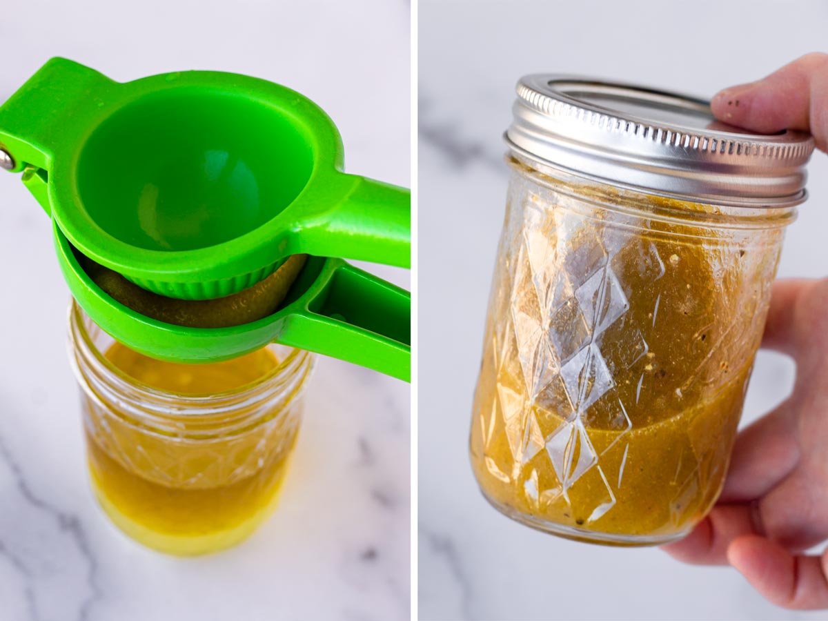 preparing dressing in mason jar