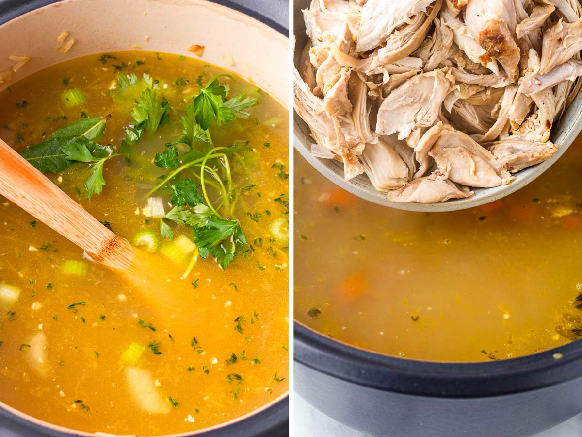 adding herbs and chicken to the soup