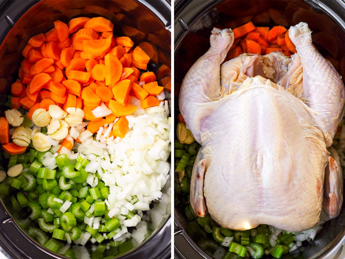 vegetables and whole chicken inside of a slow cooker