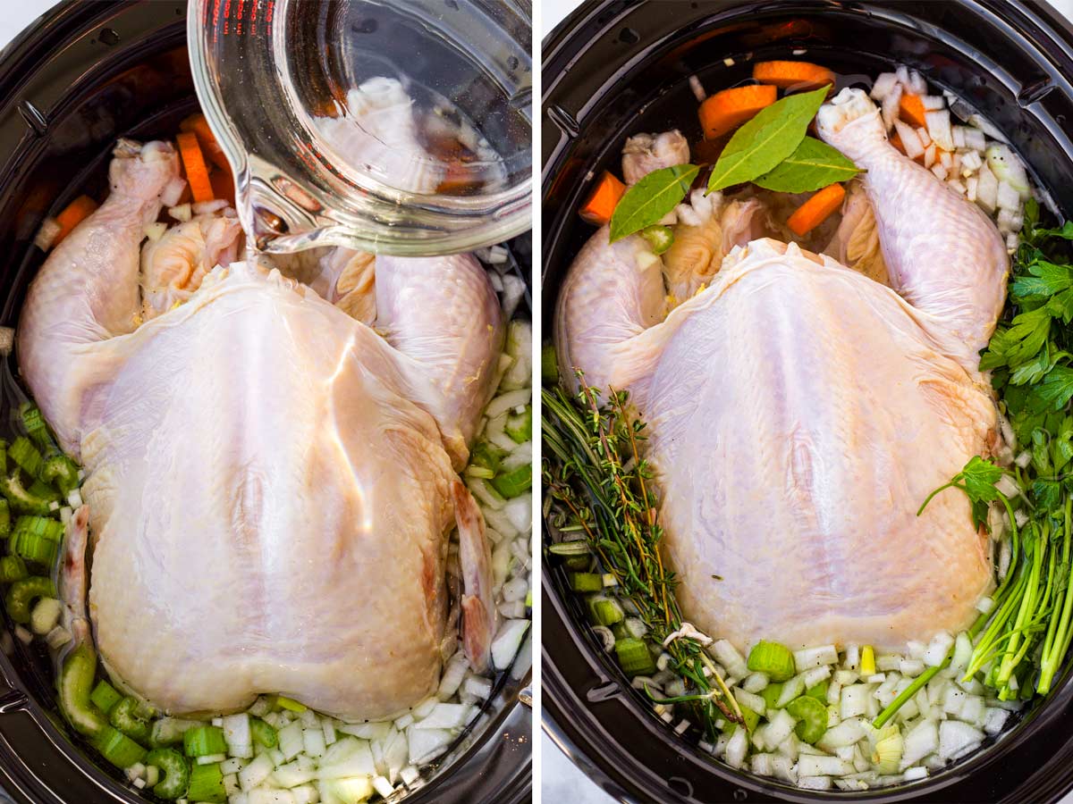 adding water and herbs to slow cooker