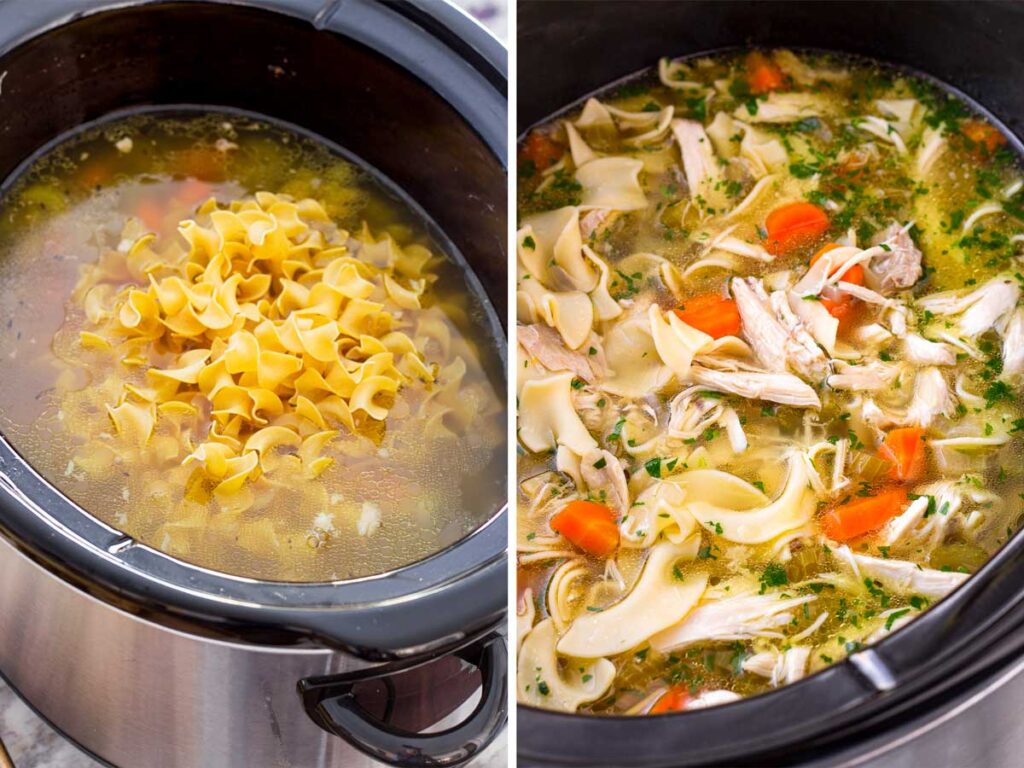 adding noodles and shredded chicken to the soup