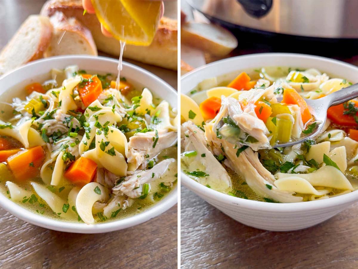 serving chicken noodle soup with a squeeze of lemon