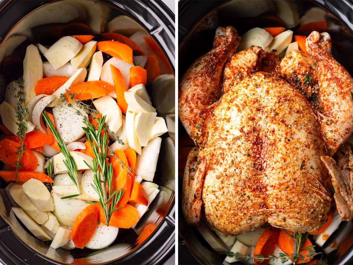 crockpot with bed of vegetables and chicken on top