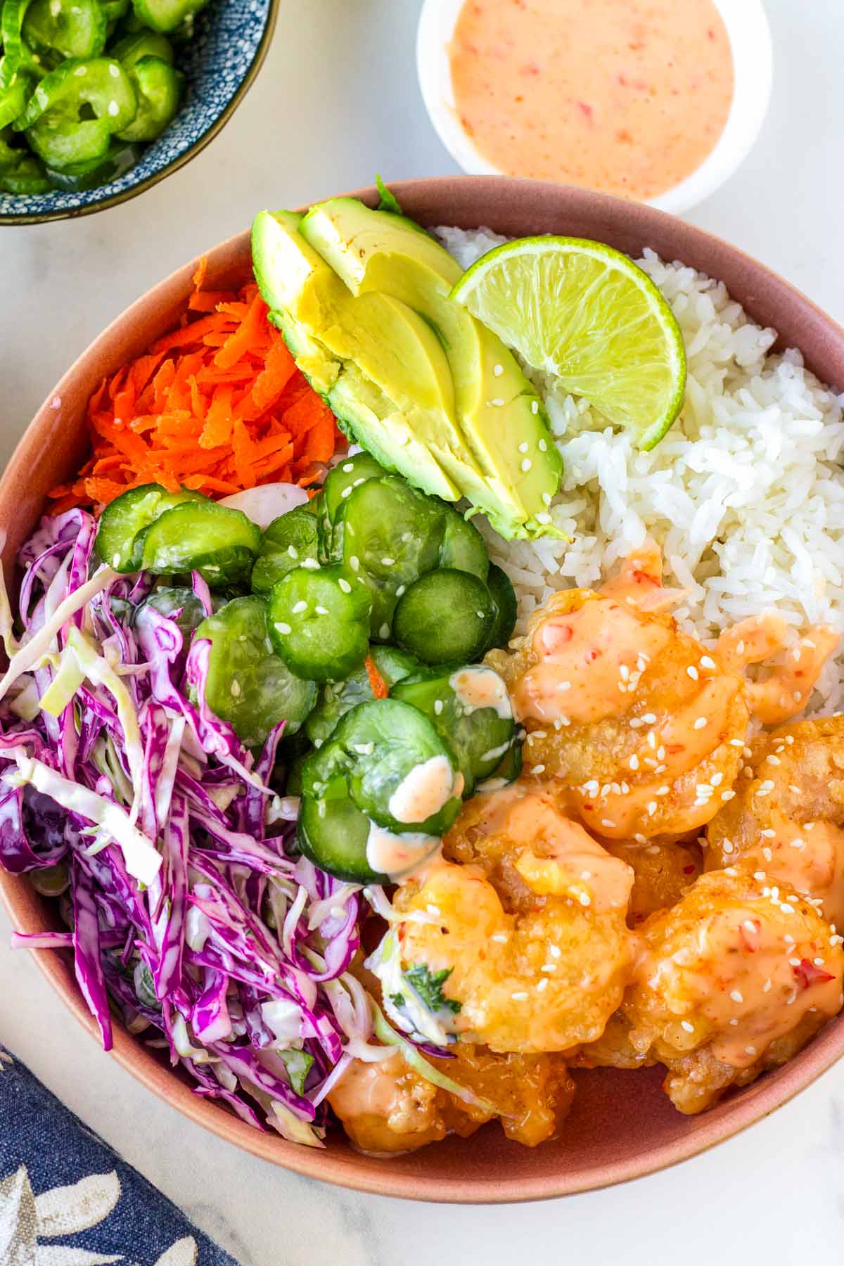 bang bang shrimp rice bowl with toppings